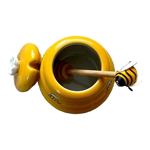 Mini Honey Pot Ceramic Jar & Wood Dipper Honey Miel Joie MSC Beehive with Bee - Picture 5 of 6